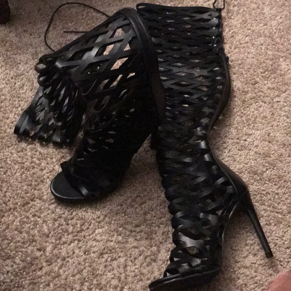 Ladies black lace thigh high boots